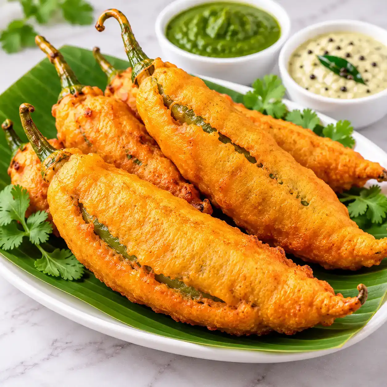 Mirchi Bajji — Green chilies dipped in seasoned batter and fried until crisp at Apna Bazar Kitchen